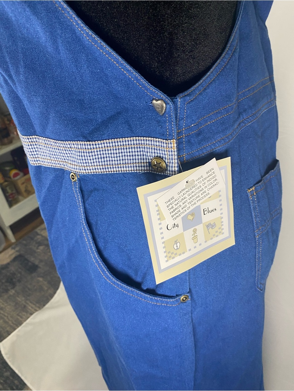 Koret Blue Denim Women's Overalls with Red & White Plaid Trim - Picture 2 of 16